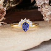 Unique Pear Cut Halo Tanzanite Engagement Ring Bezel Cluster Ring